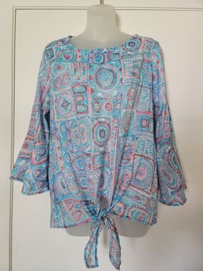 Tie-Front Patterned Blouse with Cute Neckline